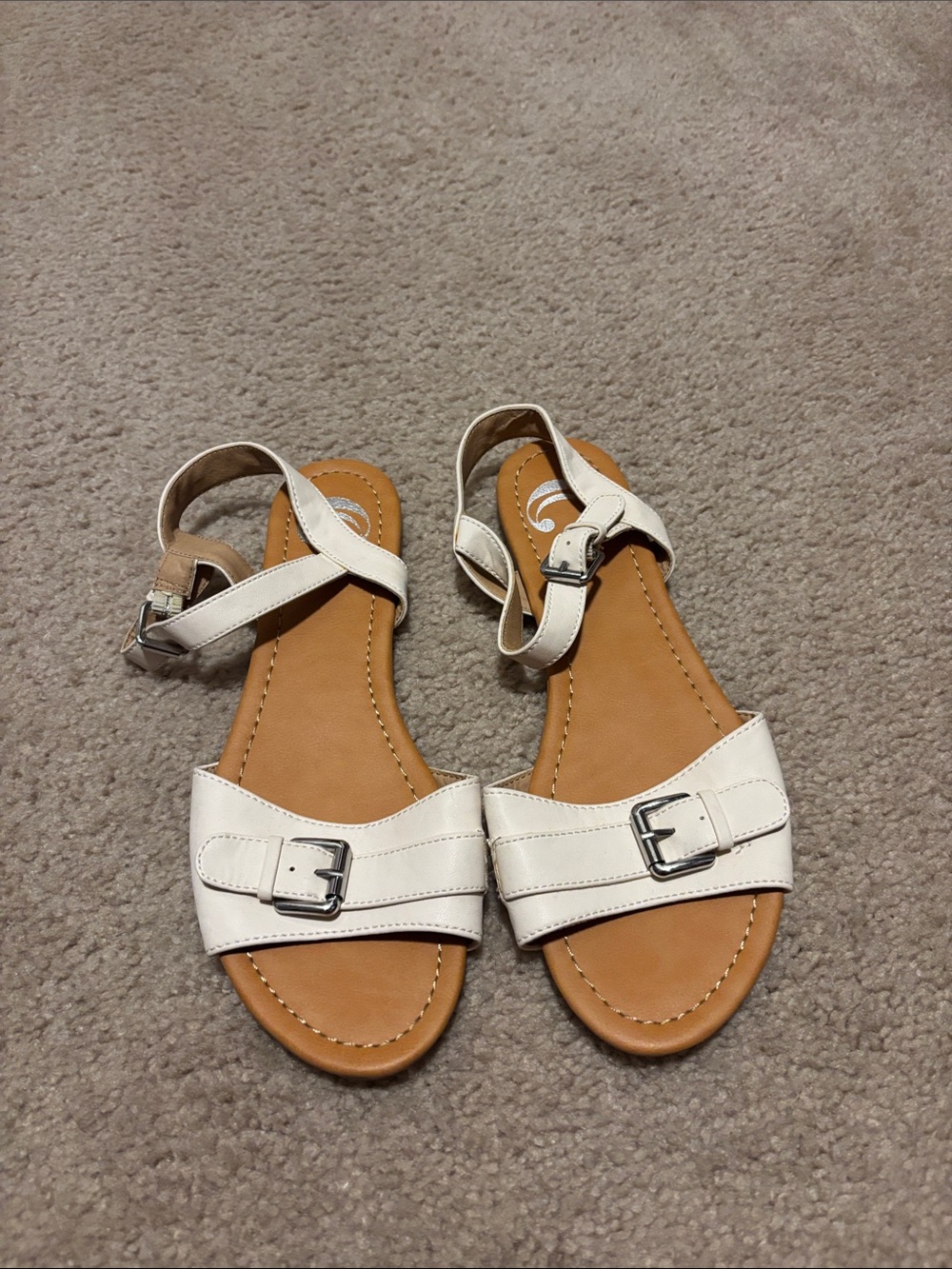 Charming Charlie White and Tan Strappy Buckle Sandals